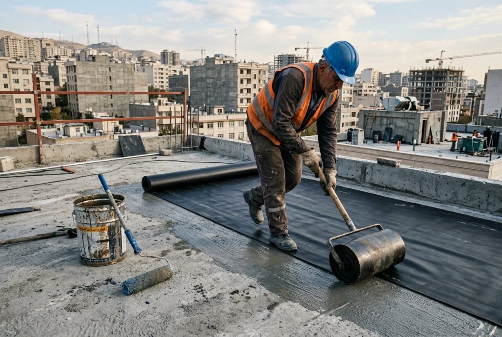 چسب مناسب برای اتصال لاستیک EPDM به بتن؛ چسباندن ورق EPDM روی سطح بتنی با غلتک