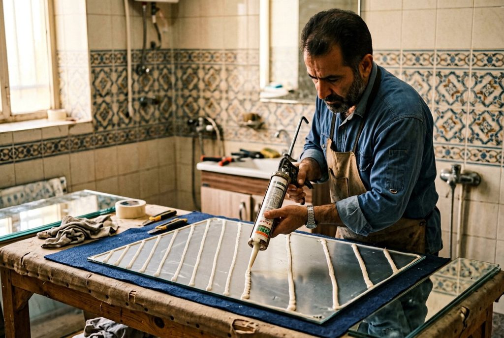 بهترین چسب برای چسباندن آینه به کاشی حمام؛ اجرای چسب سیلیکون خنثی پشت آینه
