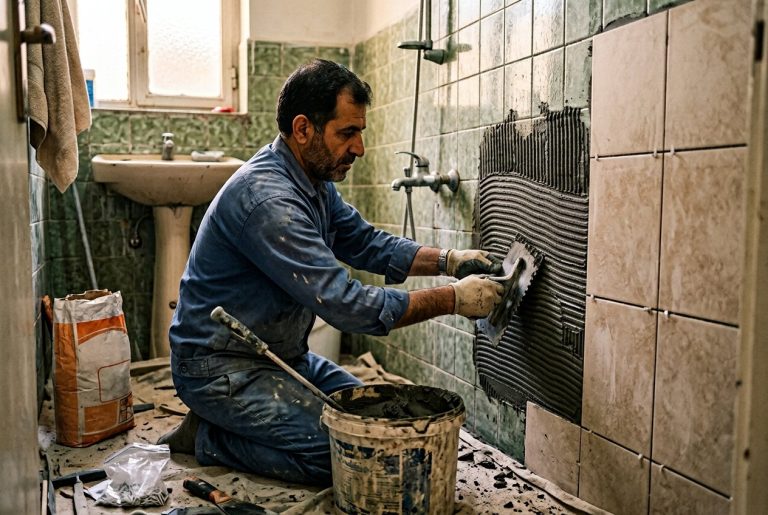 بهترین چسب برای چسباندن کاشی به کاشی قدیمی؛ اجرای چسب کاشی با ماله دندانهدار روی کاشی قدیمی