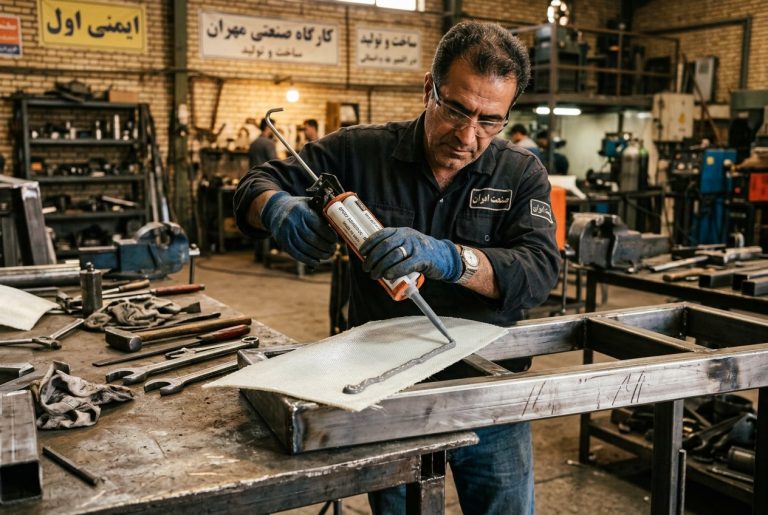 تکنسین در حال اعمال چسب اپوکسی برای اتصال فایبرگلاس به قاب فلزی در کارگاه صنعتی