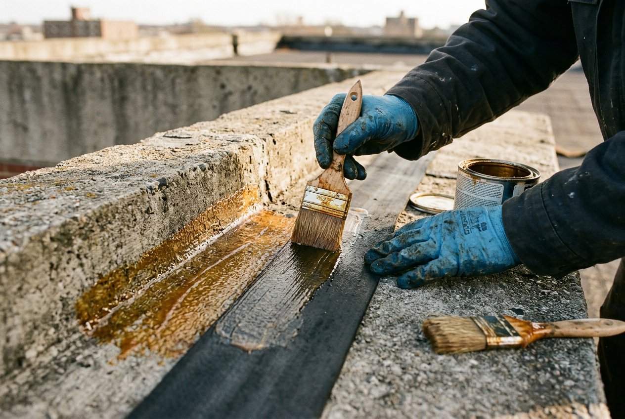 اجرای چسب مخصوص EPDM با قلممو روی لاستیک و سطح بتنی به روش تماسی دوطرفه