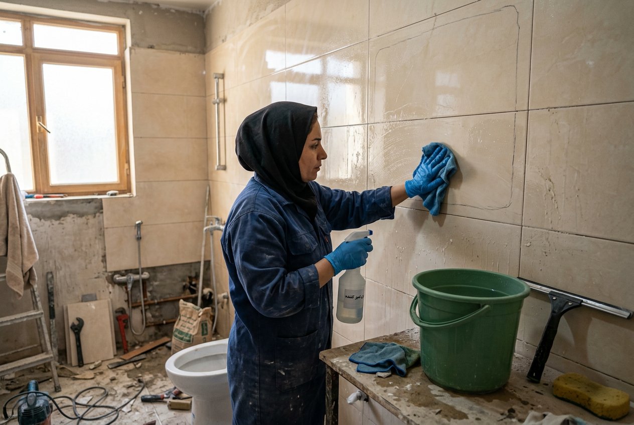 تمیز کردن و چربیزدایی کاشی حمام با دستمال میکروفایبر قبل از نصب آینه