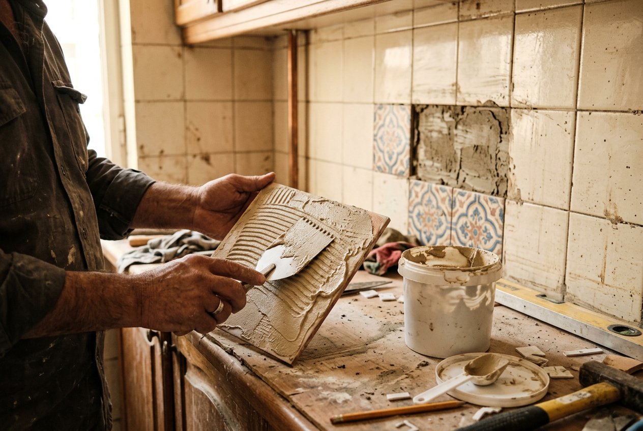 اجرای چسب کاشی خمیری پشت کاشی جدید با ماله برای نصب روی کاشی قدیمی