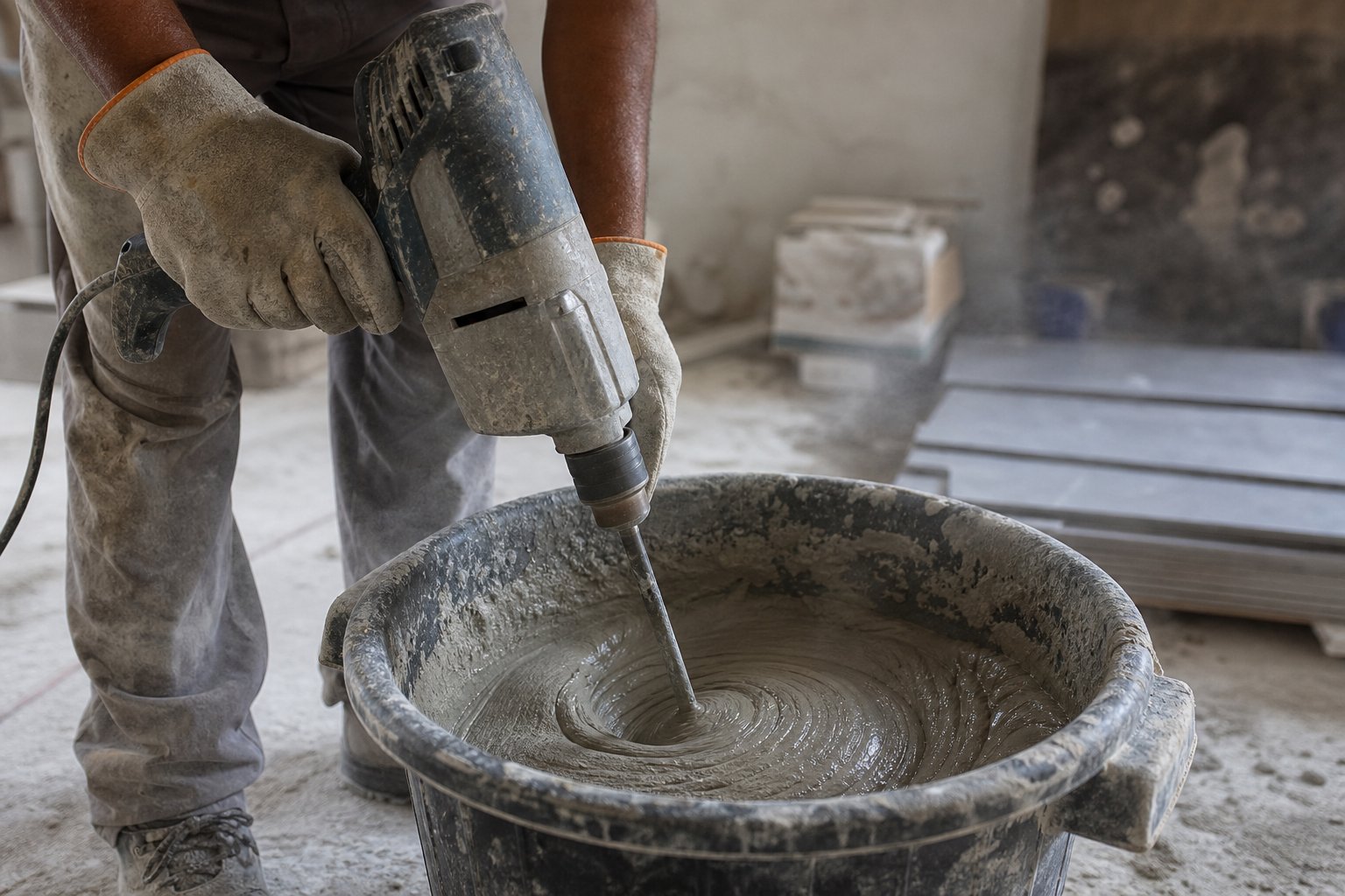 اختلاط چسب کاشی پودری با آب توسط میکسر برقی در سطل کارگاهی