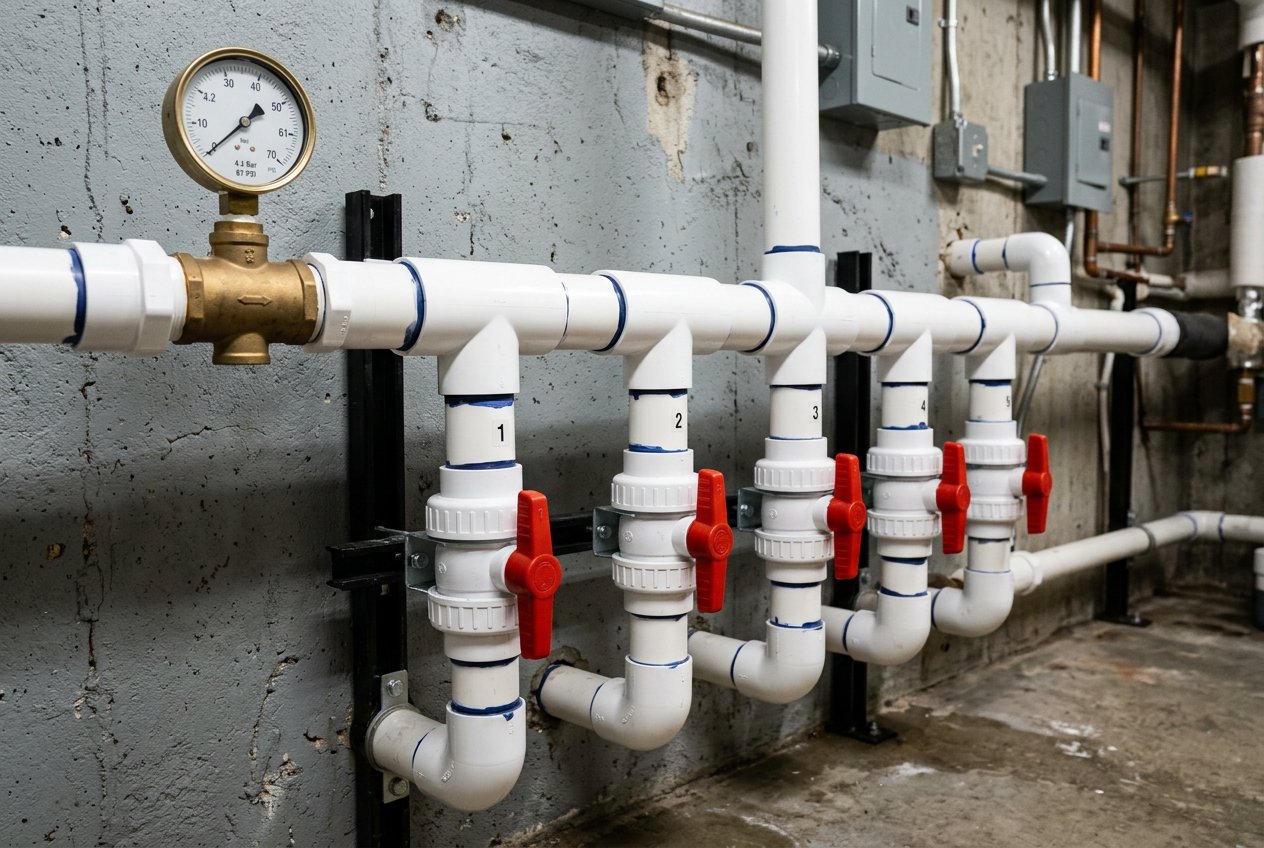 مجموعه لولهکشی PVC-U فشارقوی با اتصالات جوشخورده و گیج فشار در موتورخانه